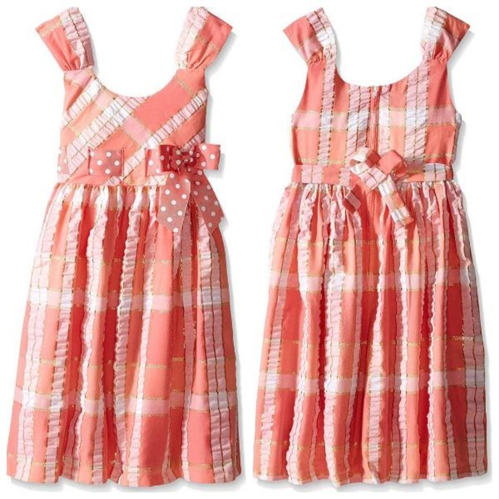 Bonnie Jean Girl Coral Plaid Seersucker Bow Dress Size 4 5 6 Sleeveless Sundress